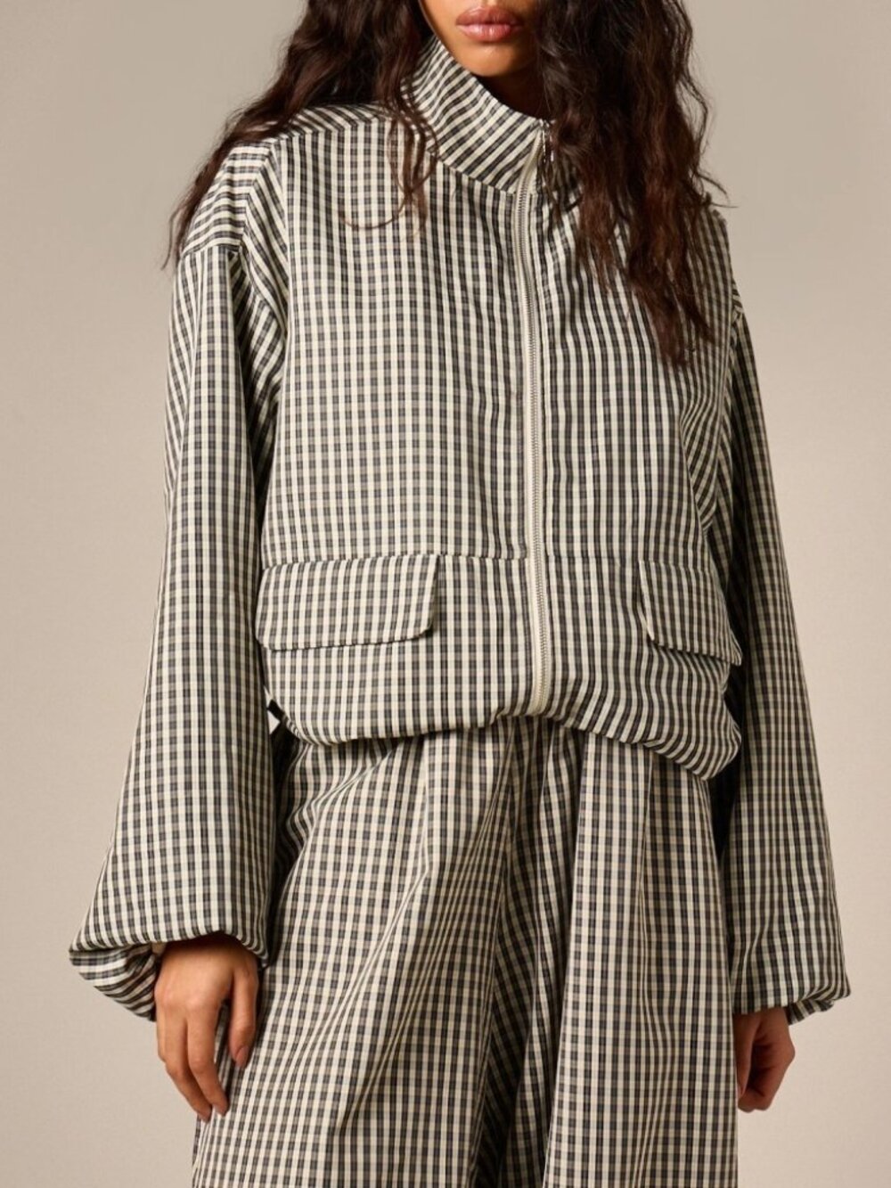 Black & White Check Zip-Front Oversized Jacket